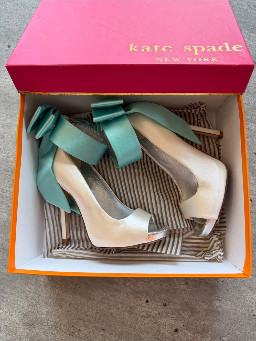 New York Grande Bow Ivory Satin Pale Turquoise Satin Wedding Heels Removable Bow